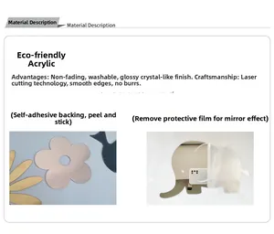 Detail of waterproof acrylic mirror wall stickers with flower and elephant patterns