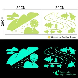 Luminous wall stickers with mountain forest landscape in daytime and green glow at night
