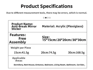 Detailed specification chart for self-adhesive acrylic mirrors in multiple sizes