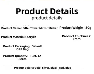 Detailed specifications of Eiffel Tower acrylic mirror wall stickers in five colors