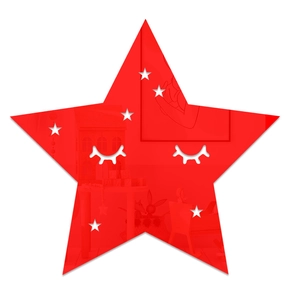 Close-up of red star acrylic mirror wall sticker with cute cartoon eyelash pattern