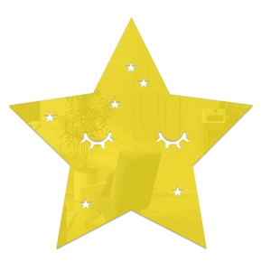 Star-shaped smiley mirror wall sticker in bright yellow for nursery and bedroom decor