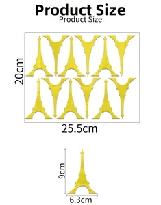 Detailed size chart for golden Eiffel Tower mirror stickers with precise measurements