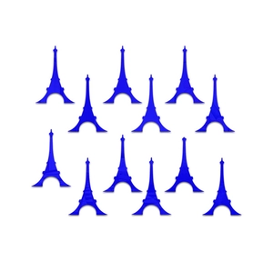 Detail of 11 blue Eiffel Tower wall mirror stickers displayed in a grid on white background