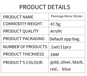 Detailed specifications table for acrylic flamingo mirror stickers set of eleven pieces