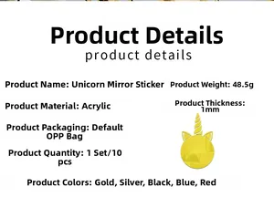 Stickers muraux licorne miroir en acrylique épaisseur 1mm lot de 10 pour décoration