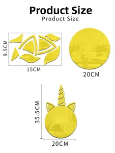 Tableau détaillé des tailles pour stickers muraux licorne et miroirs jaunes décor