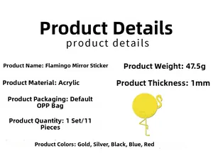 Detailed specification sheet for 11-piece flamingo acrylic mirror wall stickers