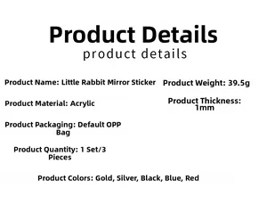 Detailed specifications for acrylic cartoon rabbit mirror wall stickers in five colors