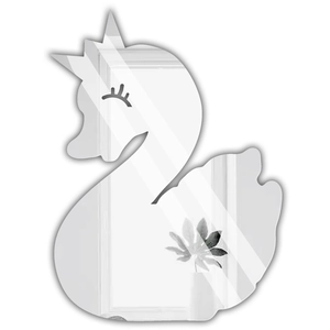 Detailed view of silver swan mirror wall sticker with crown and eyelash decorative details