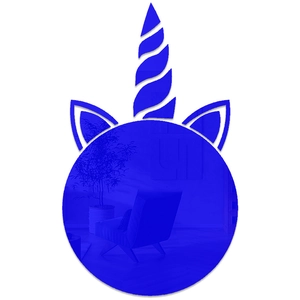 Détail du miroir mural licorne avec cadre bleu foncé pour décoration chambre enfant