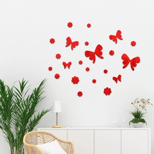 3D red acrylic mirror wall stickers featuring butterfly and flower patterns for home decor