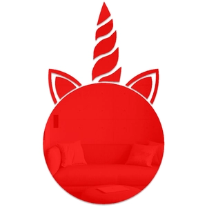 Détail d'un miroir mural licorne rouge avec corne décorative et oreilles pour enfant