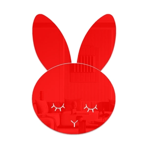 Detail of red acrylic bunny mirror wall sticker with cute closed eyes cutout