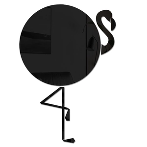 Detail of flamingo wall mirror sticker with reflective dark finish on white background