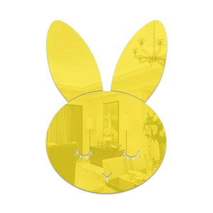 Detail view of cartoon rabbit mirror wall sticker showing clear reflection in yellow finish