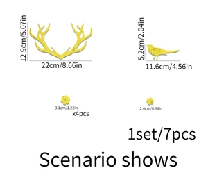 Detailed dimension guide for 7-piece acrylic antler and floral mirror wall stickers
