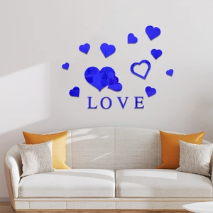 Adesivi murali LOVE e cuori in acrilico a specchio blu per decorazione moderna del soggiorno
