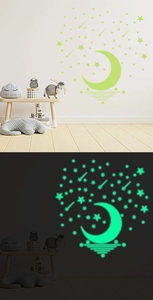 Luminous moon and star wall stickers showing day and night fluorescent contrast effect