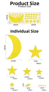 Detailed size chart for moon and stars acrylic mirror wall stickers with dimensions