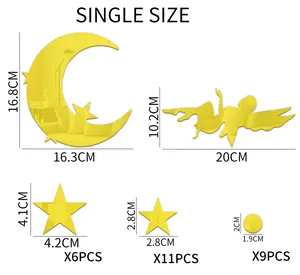Size specifications for moon, fairy, and star acrylic mirror wall stickers with measurements