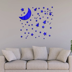 Deep blue acrylic mirror wall stickers with shooting stars and moon for room decoration