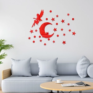Modern red acrylic mirror wall sticker set with fairy, moon and stars for home decor