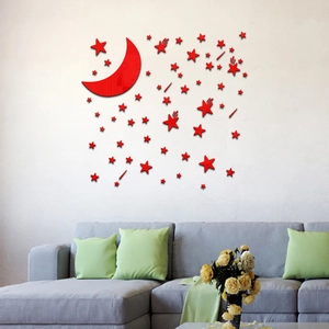 Red acrylic mirror wall stickers with moon and stars for living room and nursery decor