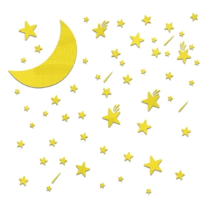 Macro detail of yellow moon and stars acrylic mirror wall stickers with textured surface
