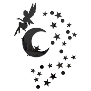 Star and fairy acrylic mirror wall sticker set with crescent moon in black finish