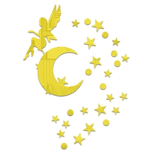 Detailed close-up of golden acrylic mirror wall stickers featuring fairy moon and star motifs