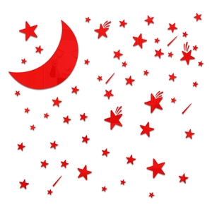 Detail view of red acrylic moon and stars wall sticker set with smooth reflective finish
