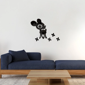 Detail of cute deer acrylic mirror wall decal sticker on a clean white living room wall