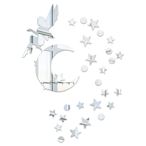 Detailed close-up of fairy and star acrylic mirror wall stickers with high reflective finish