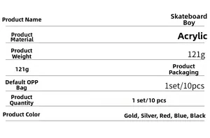 Specifications table for acrylic skateboard boy wall stickers with material and weight info