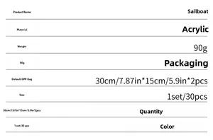 Specifications chart for acrylic sailboat mirror wall stickers showing size and 5 colors