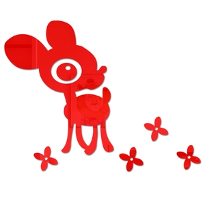 Detailed close-up of a red cartoon deer acrylic mirror wall sticker for children's room decor