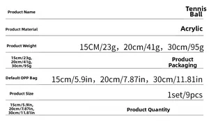 Detailed size guide for tennis ball acrylic mirror wall stickers with dimensions and weights
