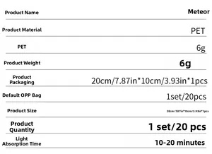 Detailed specs for PET glow-in-the-dark meteor wall stickers 20x10cm set of 20