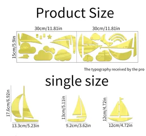 Size chart for sailing boat acrylic wall mirrors showing dimensions in cm and inches