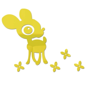 Close-up of cute yellow acrylic deer wall stickers with mirrored finish and small flowers