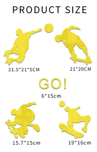 Detailed size specifications for yellow acrylic skateboarder mirror wall stickers