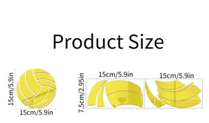 Detailed size chart for 15cm acrylic volleyball mirror wall sticker with measurements