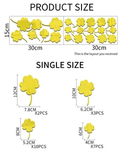 Size guide for acrylic clover mirror wall stickers with specific dimensions and quantity labels