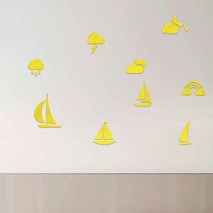 Self-adhesive acrylic sailboat wall mirrors set for home decoration in vibrant yellow