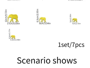 Size chart showing 7pcs cartoon elephant acrylic mirror wall stickers in four dimensions