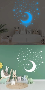 Stickers muraux lune et météore lumineux avec lueur bleue pour déco chambre enfant