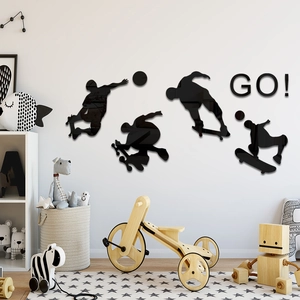 Modern 3D acrylic mirror wall stickers with skateboarder silhouettes for kids room decor