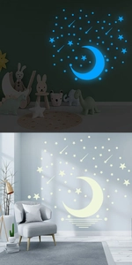 Stickers muraux phosphorescents lune et étoiles avec effet de lueur bleue