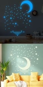Stickers muraux phosphorescents lune et étoiles bleues avec effet jour et nuit